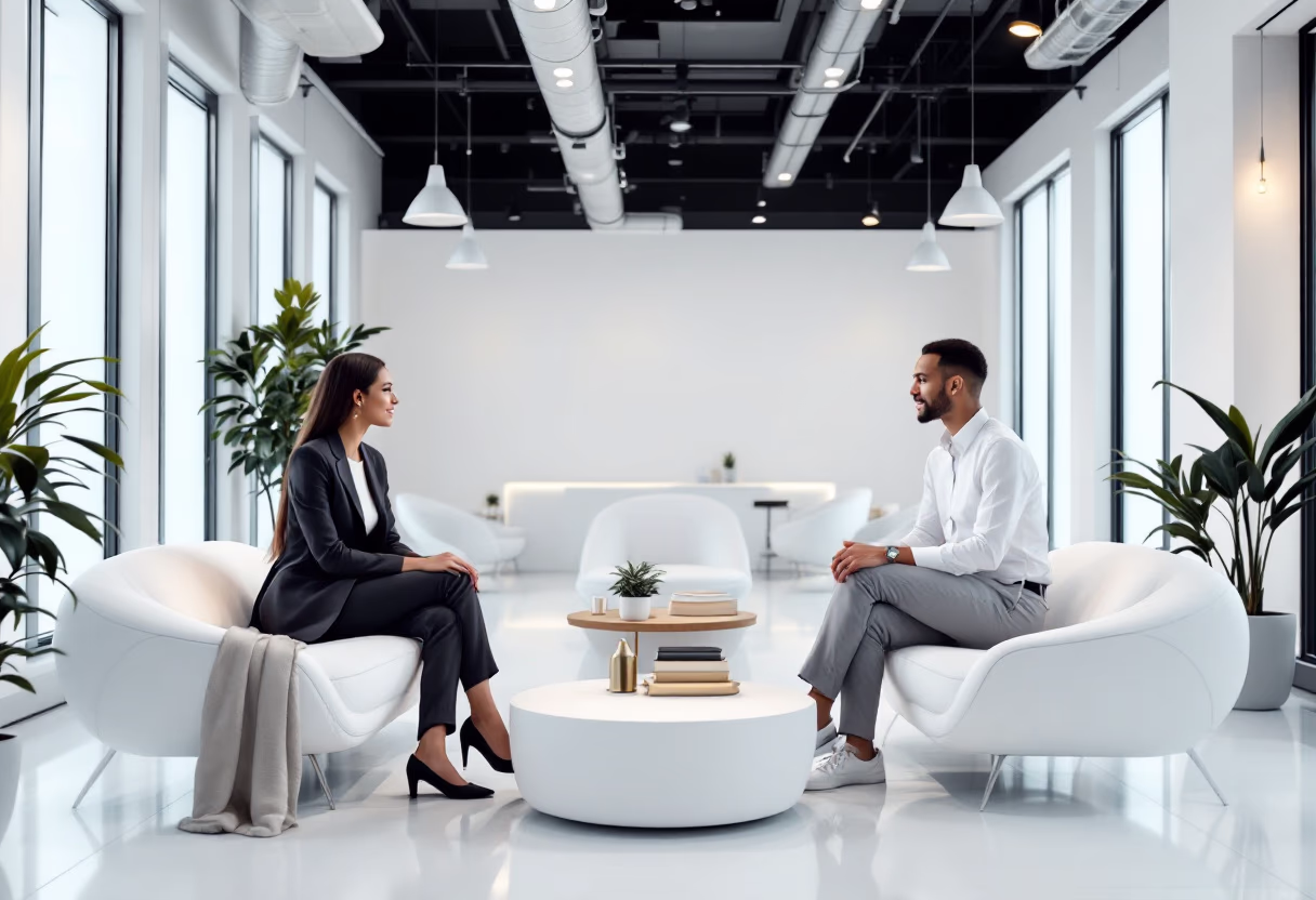 A recruiter and candidate talking in a bright office